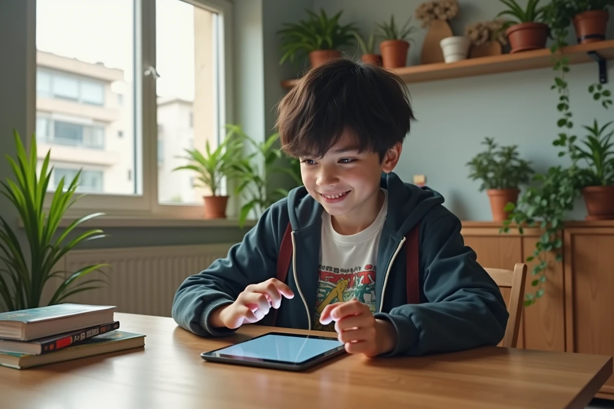 Adolescent utilisant une tablette pour rechercher anime en living