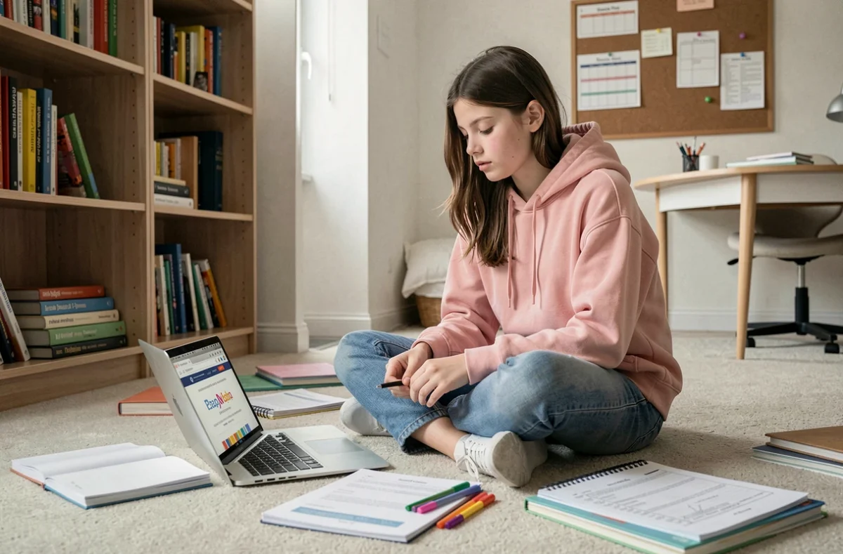 Adolescente étudiant à domicile avec un ordinateur portable et des ressources pédagogiques sur le sol de sa chambre