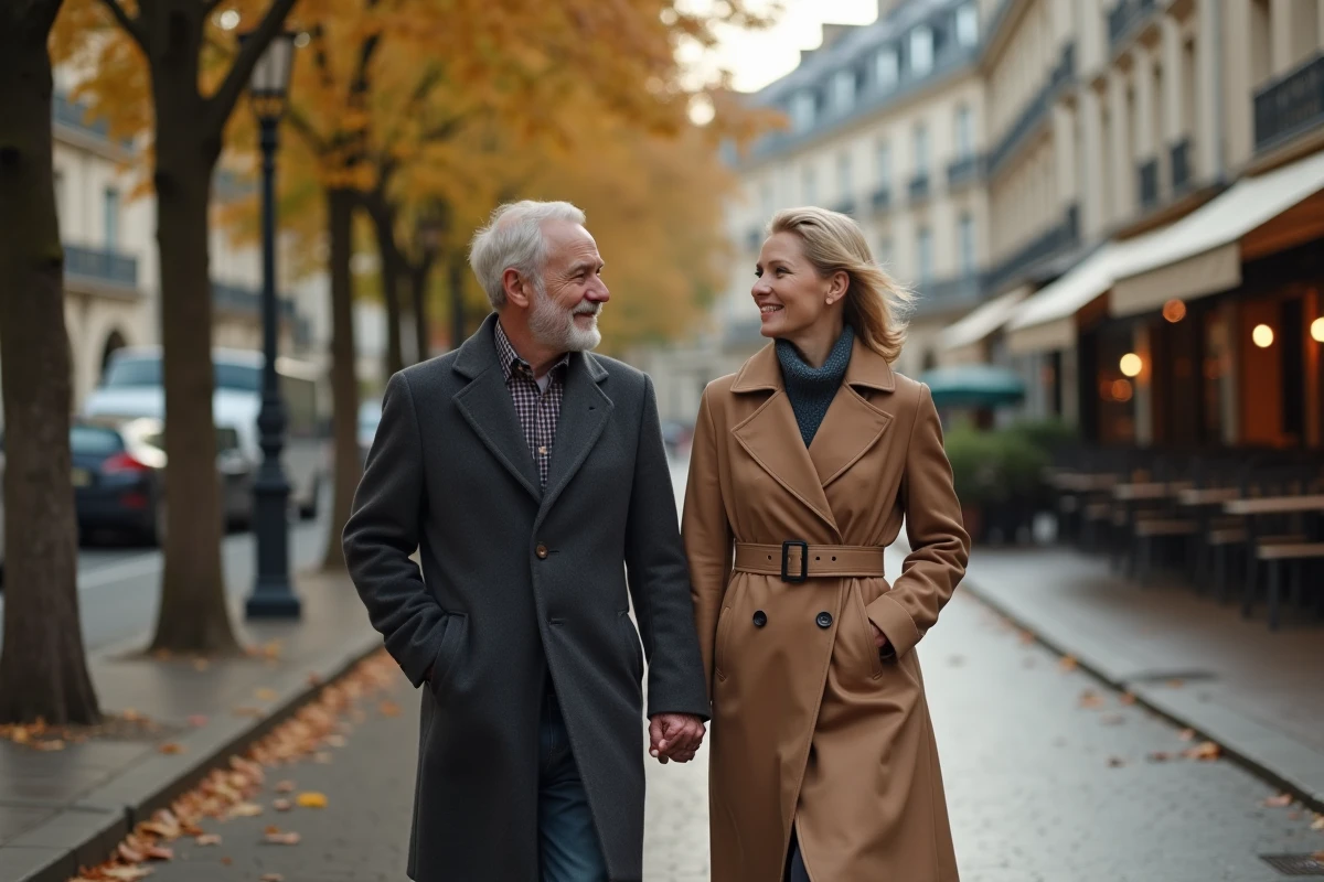 Couple élégant se promenant dans une rue parisienne en automne, évoquant la vie privée et le mariage d'Alain Bauer dans un cadre urbain intimiste