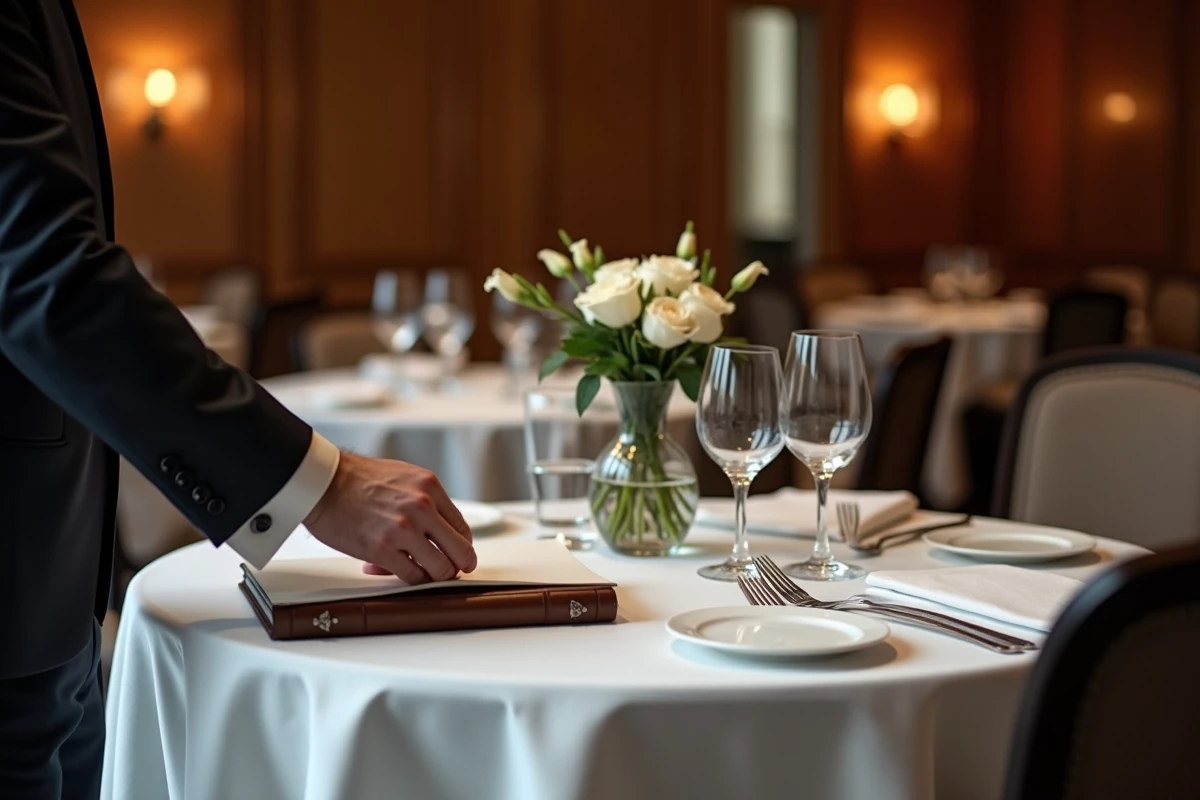 Table dressée dans un restaurant parisien haut de gamme avec des détails personnels évoquant les secrets de la vie privée et du mariage d'Alain Bauer