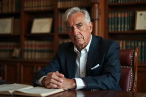 Portrait d'un homme distingué dans la cinquantaine assis dans un bureau privé entouré de livres, illustrant la vie personnelle et professionnelle d'Alain Bauer