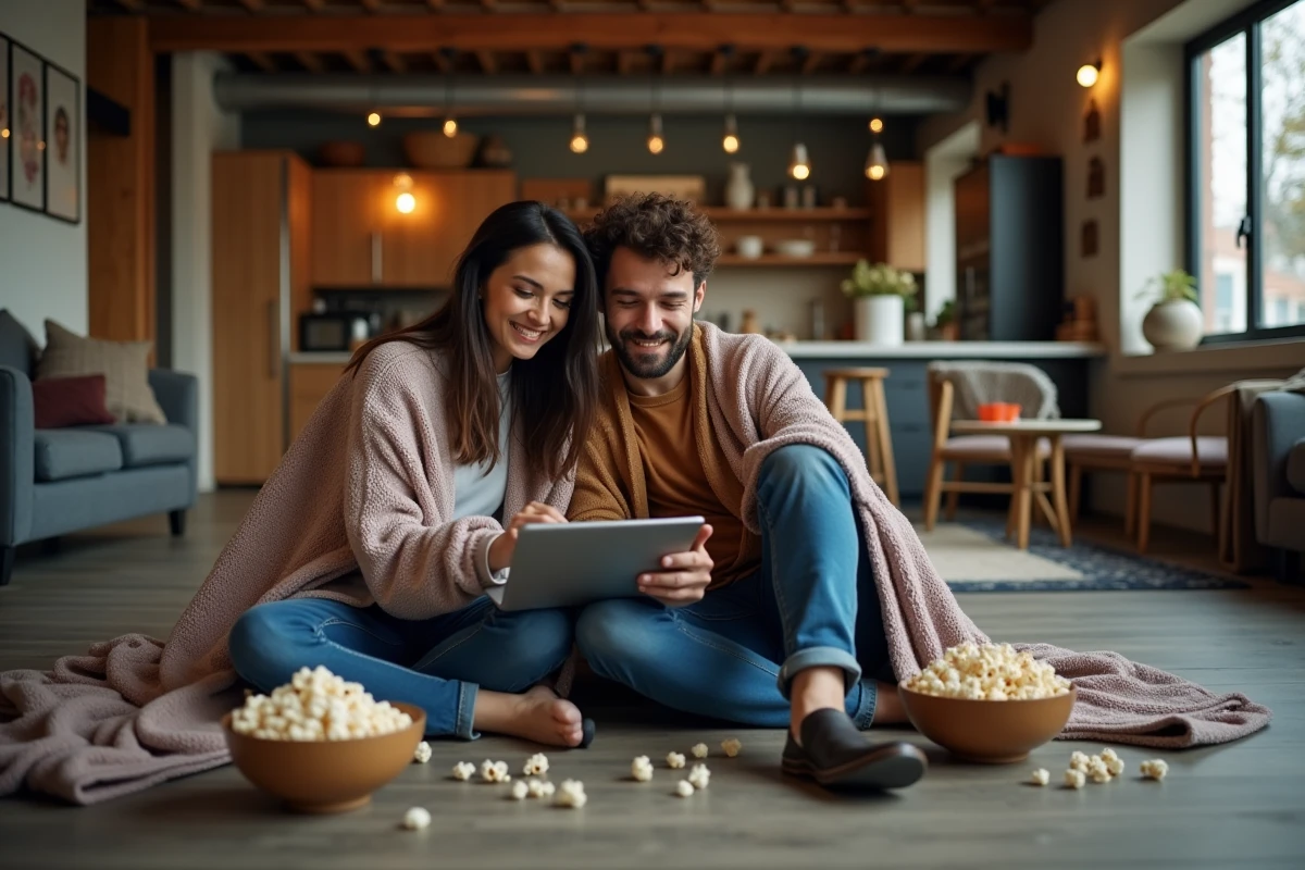 Deux amis regardant un film en streaming sur une tablette dans un appartement moderne