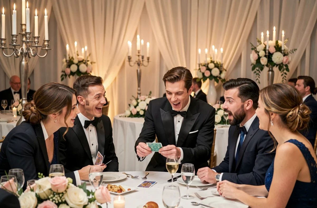Magicien animant une table de mariage avec des invités surpris lors d'un dîner de réception élégant