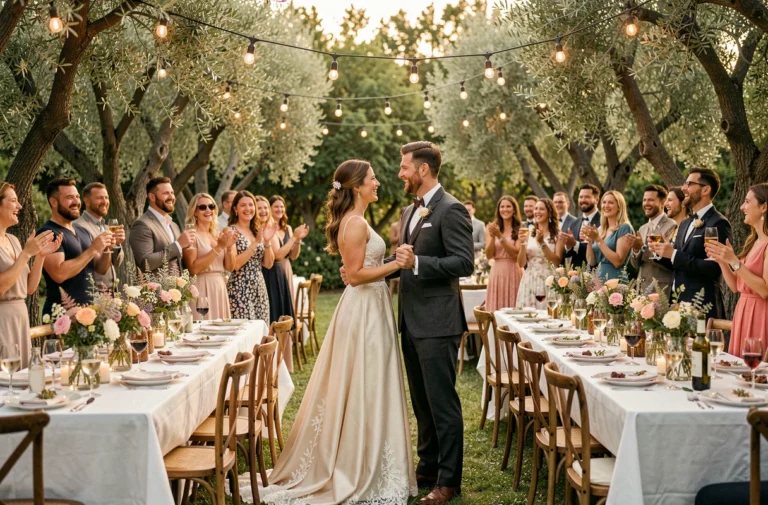 Animation de mariage en plein air avec danse des mariés et invités applaudissant dans un jardin fleuri