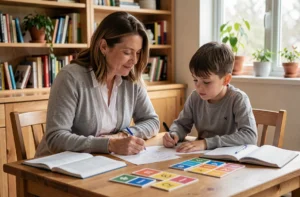 Mère accompagnant son enfant dans l'apprentissage à domicile avec des livres et fiches éducatives sur une table en bois