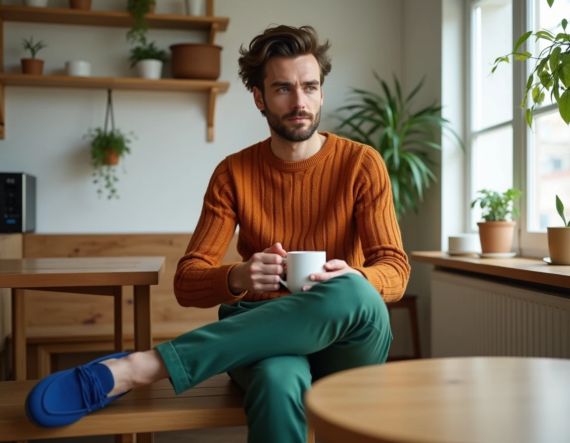 Homme en café scandinave arborant un look coloré avec pull terracotta, chino vert émeraude et mocassins bleu roi