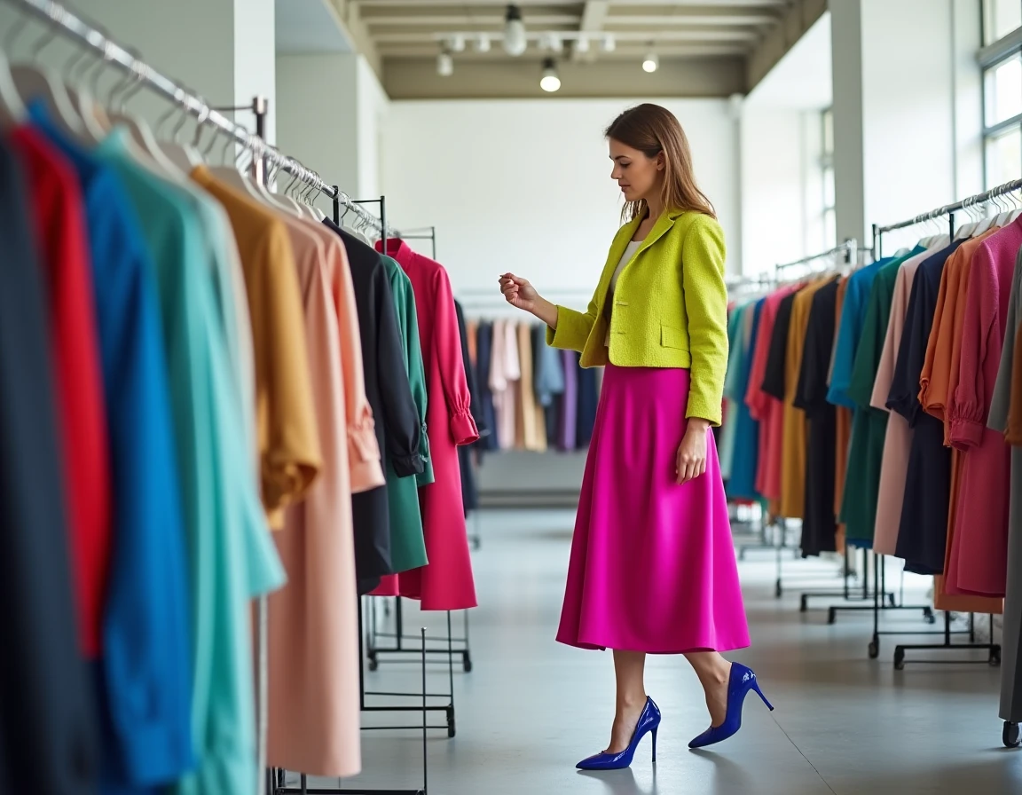 Femme en boutique de mode portant une jupe rose fuchsia, veste vert lime et escarpins bleu cobalt pour illustrer l'association de trois couleurs vives