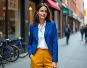 Femme portant une association de trois couleurs vives : blazer bleu cobalt, pantalon jaune moutarde et bottines rouge corail en milieu urbain