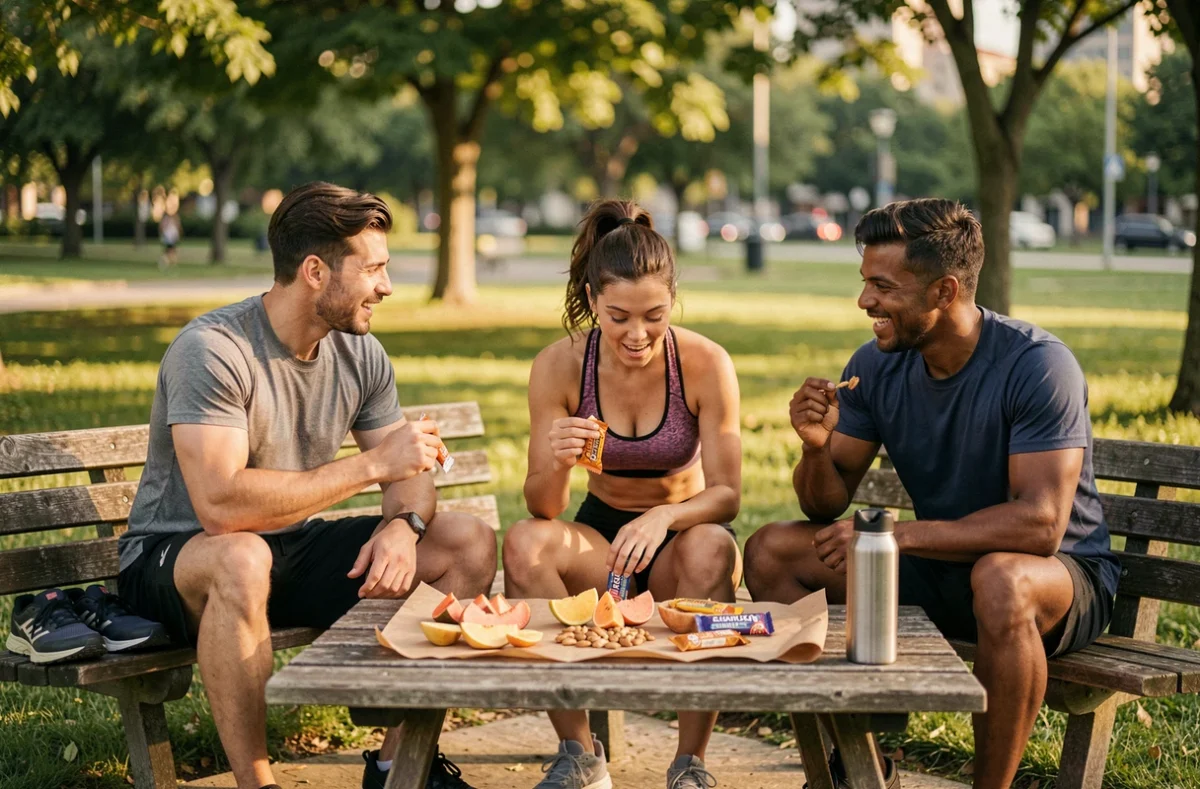 Groupe d'athlètes consommant des en-cas nutritifs en plein air après une séance de course pour optimiser leur récupération sportive