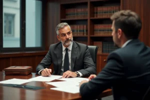 Avocat spécialisé en droit pénal consultant un client dans un cabinet juridique professionnel pour une affaire de trafic de stupéfiants