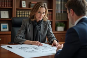 Femme en blazer examinant des plans immobiliers en bureau