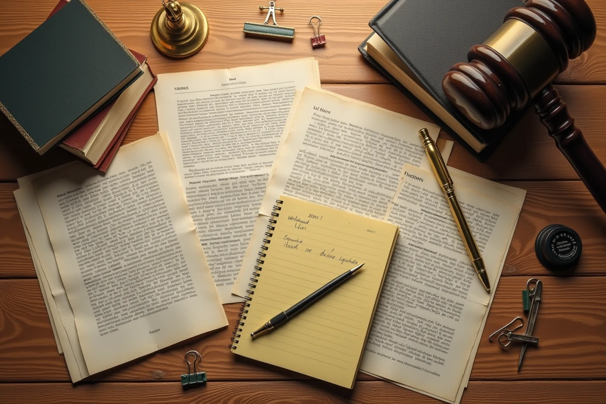 Bureau d'avocat avec documents juridiques, notes manuscrites et balance de la justice pour une affaire de trafic de stupéfiants