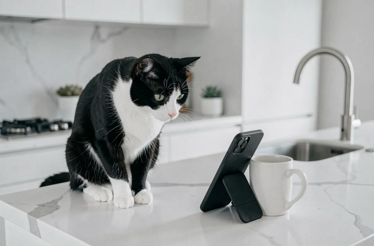 Chat noir et blanc posé sur un comptoir en marbre blanc dans une cuisine moderne regardant un smartphone