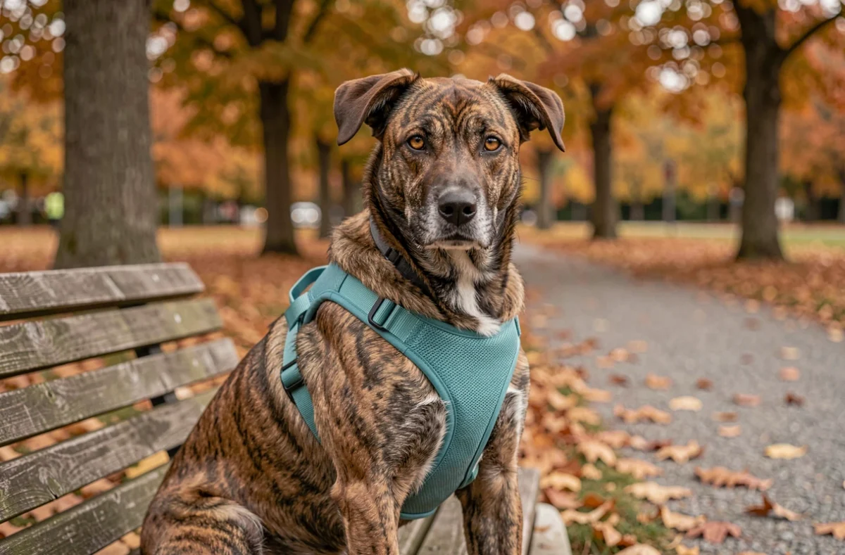 Chien métis avec harnais teal assis sur un banc de parc en automne entouré de feuilles colorées