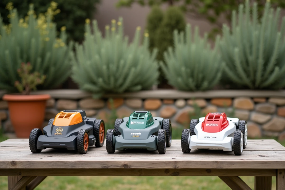 Comparaison de trois tondeuses électriques sans fil de différentes marques posées sur une table en bois dans un jardin