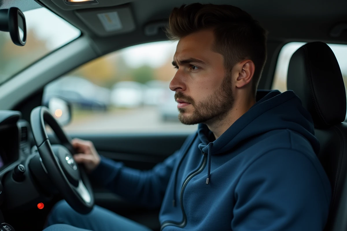 Conducteur observant les voyants allumés sur le tableau de bord de sa Peugeot 208 avec une expression préoccupée