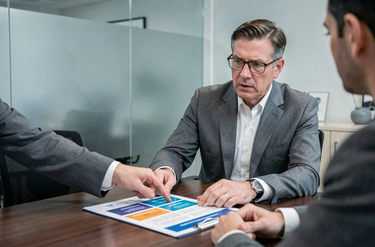 Conseiller financier présentant un comparatif d'assurances à son client lors d'une réunion professionnelle pour optimiser la protection des investissements