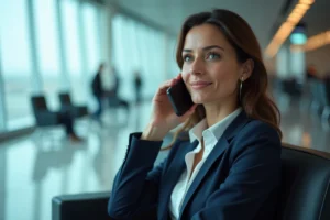 Femme professionnelle en salon d'aéroport contactant le service client Flying Blue Platinum par téléphone