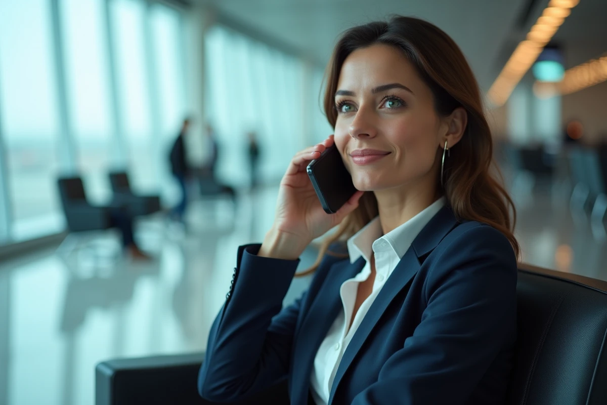 Femme professionnelle en salon d'aéroport contactant le service client Flying Blue Platinum par téléphone