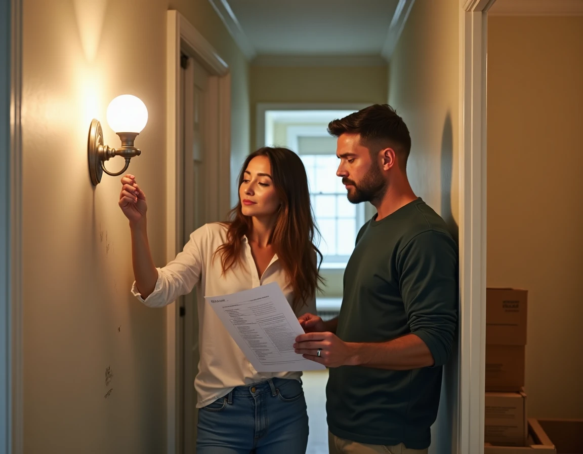 Couple vérifiant une liste de contrôle locatif dans un couloir avec applique murale lors d'un déménagement