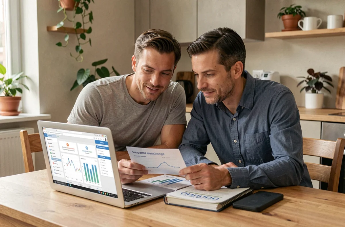 Couple examinant des brochures d'assurance et un ordinateur portable pour comparer les meilleures options de protection de leurs investissements financiers