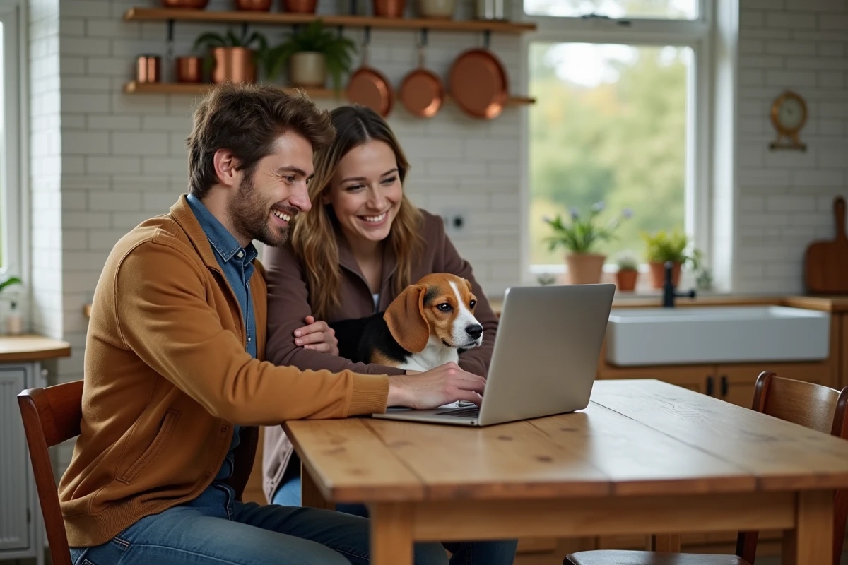 Couple comparant des mutuelles pour animaux sur un ordinateur portable avec leur chiot beagle dans une cuisine moderne