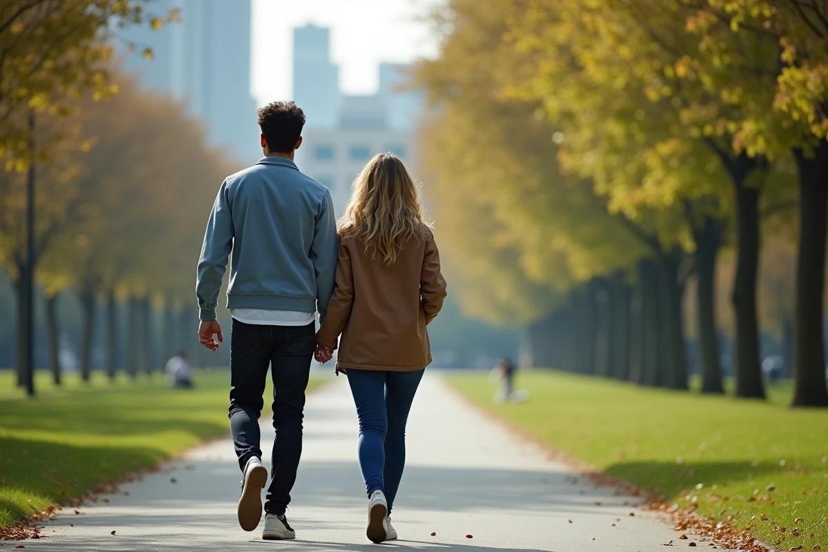 Nabil Fekir et une femme marchant dans un parc urbain