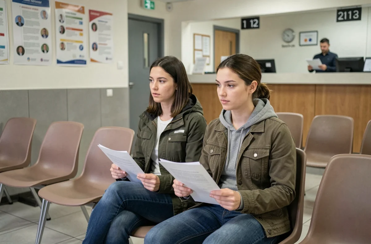 Couple attendant dans une salle d'attente consulaire avec des documents administratifs pour un visa de voyage