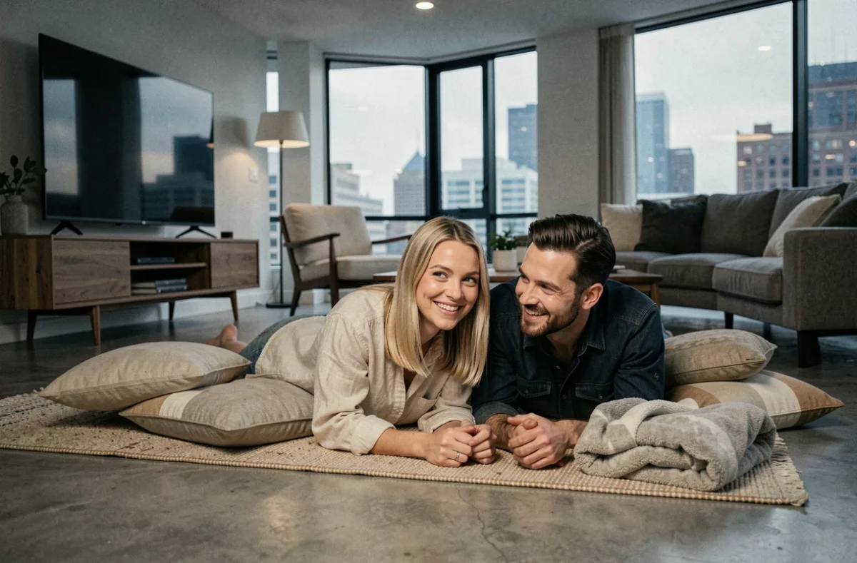 Couple détendu allongé sur un tapis moelleux devant la télévision dans un grand salon moderne, profitant ensemble d'une soirée séries avec vue sur la ville en arrière-plan