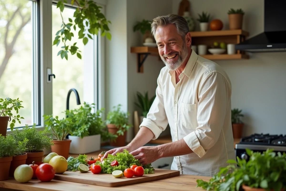 Homme préparant une salade colorée dans une cuisine lumineuse