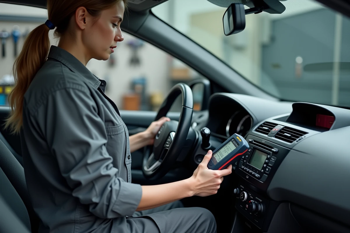 Mécanicienne professionnelle utilisant un scanner OBD pour diagnostiquer les voyants d'une Peugeot 208 dans un garage