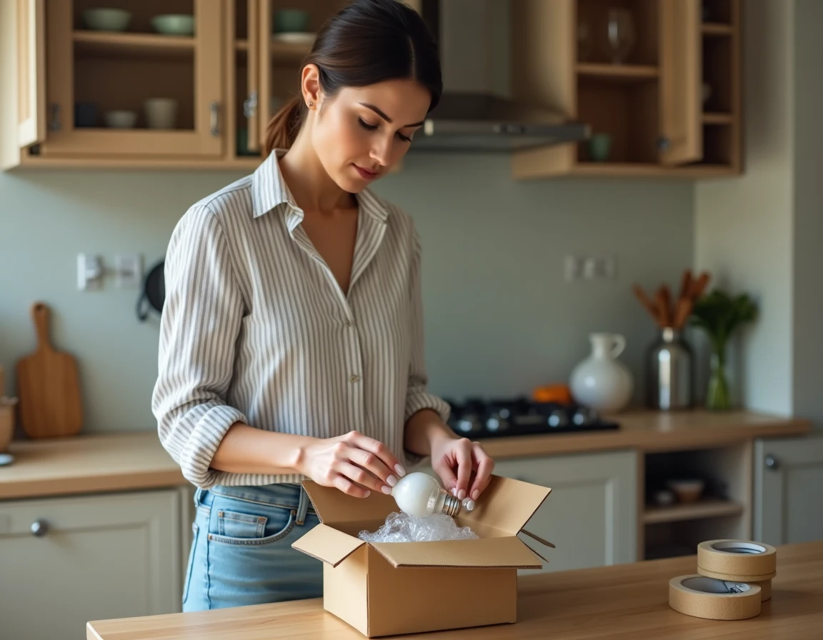 Femme emballant une ampoule LED dans du papier bulle avant un déménagement dans une cuisine
