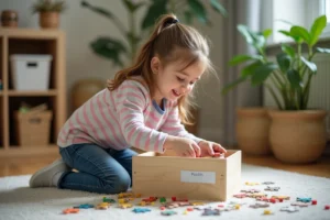 Jeune fille organise un puzzle coloré dans un salon chaleureux
