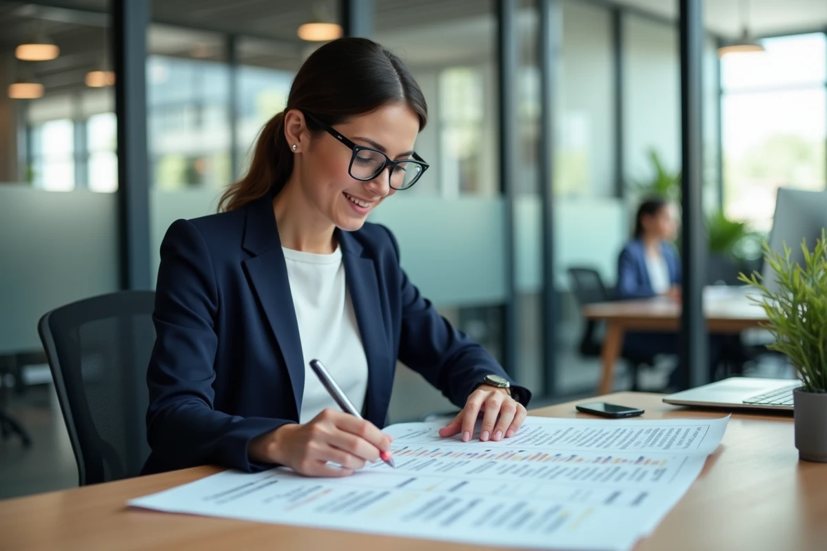 Femme professionnelle analysant un sitemap imprimé sur son bureau dans un open space moderne