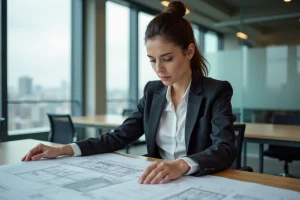 Femme confiante examinant des plans architecturaux dans un bureau moderne