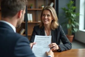 Femme d'affaires remettant un formulaire fiscal à un conseiller