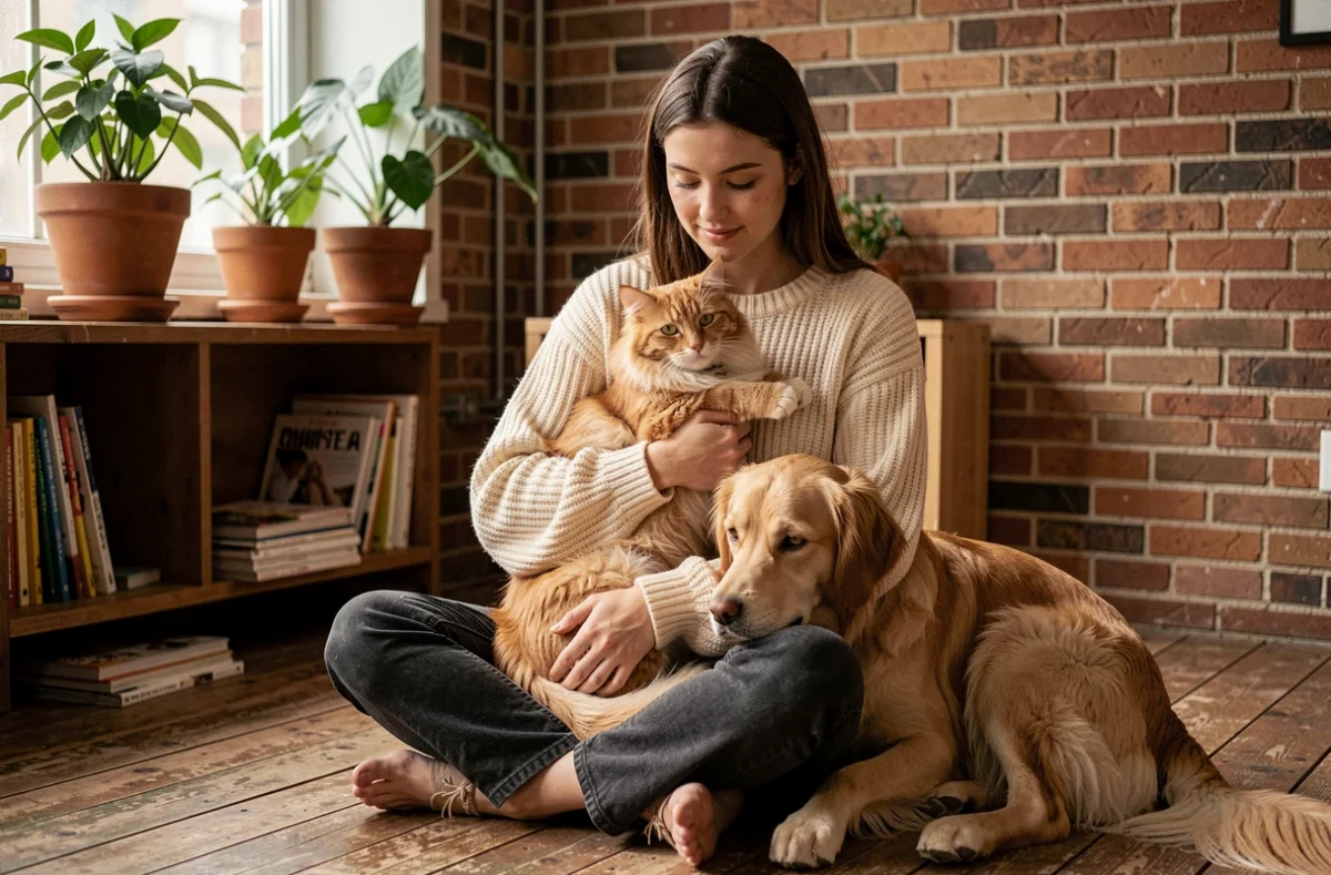 Femme tenant un chat roux dans ses bras avec un golden retriever à ses côtés dans un appartement chaleureux