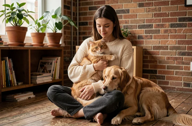 Femme tenant un chat roux dans ses bras avec un golden retriever à ses côtés dans un appartement chaleureux