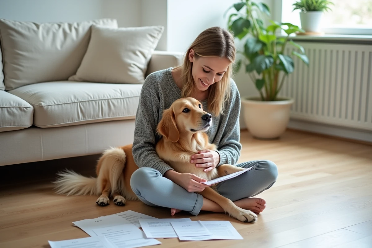 Femme consultant des documents d'assurance santé animale avec son golden retriever sur un parquet en bois clair