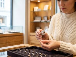 Femme examinant une bague de marque dorée sur un plateau en velours dans une bijouterie élégante