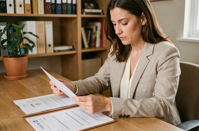 Femme consultant des documents administratifs et un passeport pour préparer un voyage