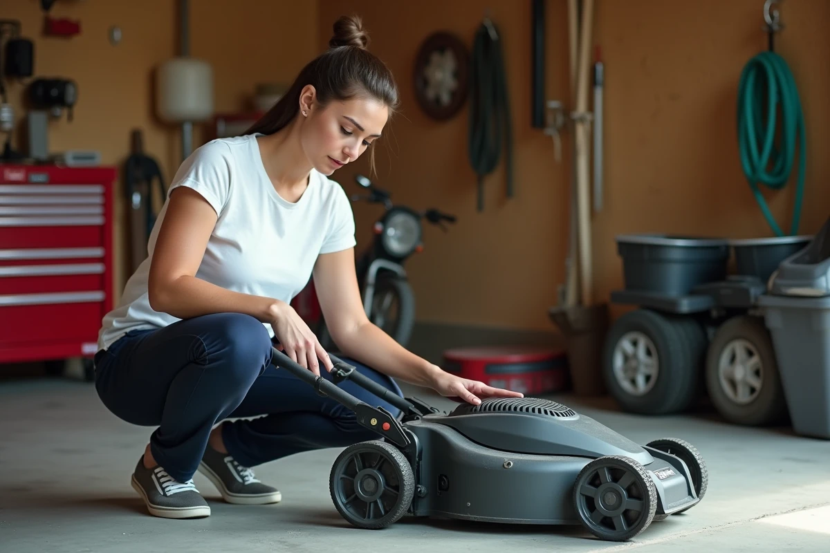 Femme inspectant les lames d'une tondeuse électrique sans fil dans un garage domestique bien organisé