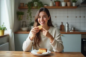 Femme souriante dégustant un gâteau allégé dans la cuisine