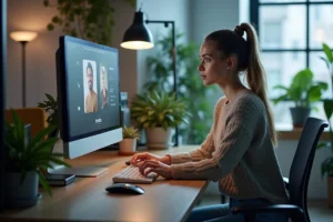 Jeune femme concentrée devant un écran de streaming