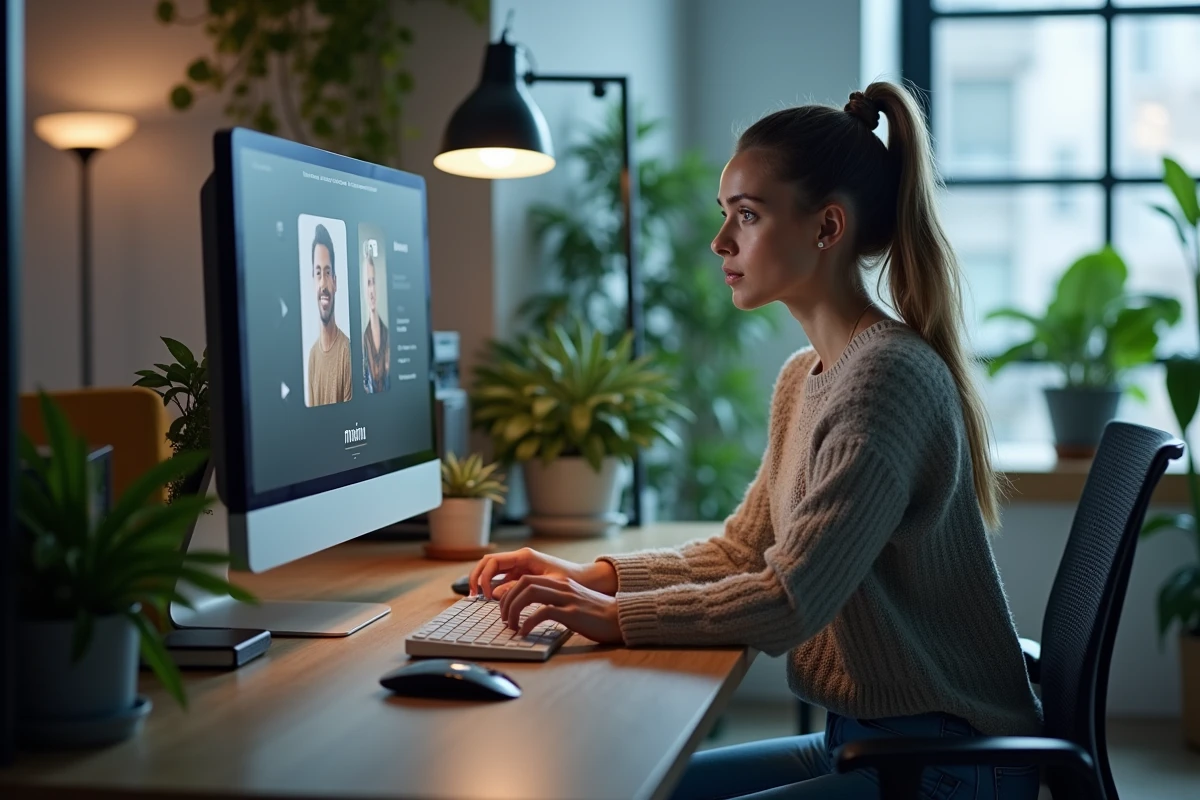 Jeune femme concentrée devant un écran de streaming