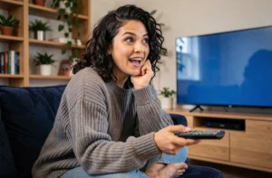 Femme passionnée de séries TV installée confortablement sur son canapé avec une télécommande, exprimant l'excitation devant un écran de télévision dans un salon moderne et cosy