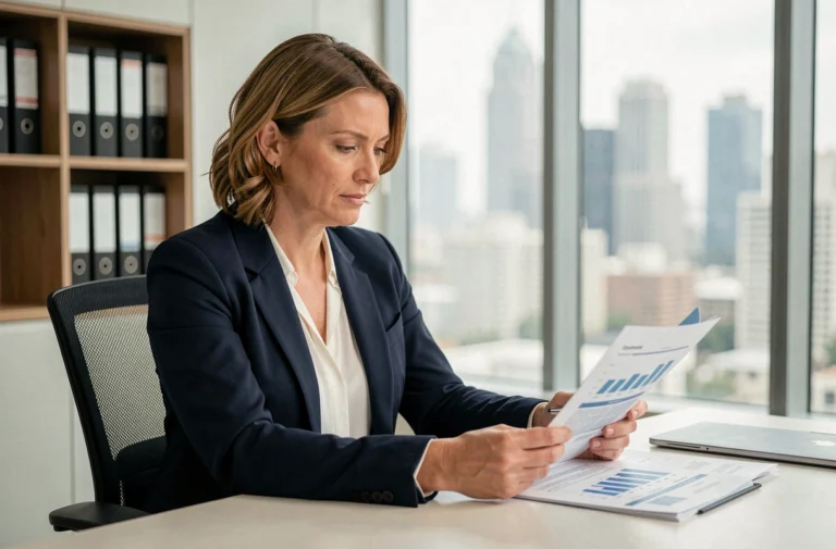 Femme professionnelle analysant des documents d'assurance et des graphiques financiers dans un bureau moderne pour protéger ses investissements