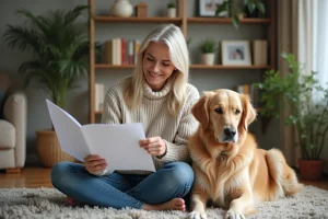 Femme retraitée lisant documents d'assurance pour animaux