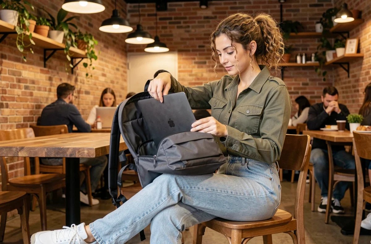 Jeune femme aux cheveux bouclés ouvrant son sac à dos technique dans un café branché aux murs en briques