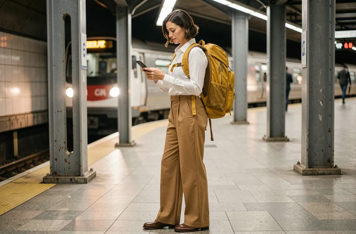 Femme professionnelle avec un sac à dos technique jaune moutarde ergonomique dans une station de métro urbaine